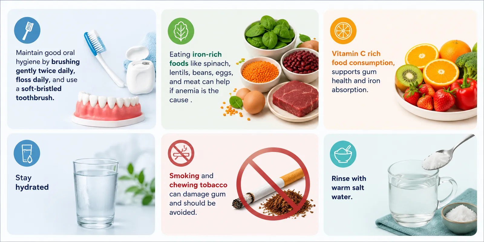 Infographic illustrating home care measures for gum health.