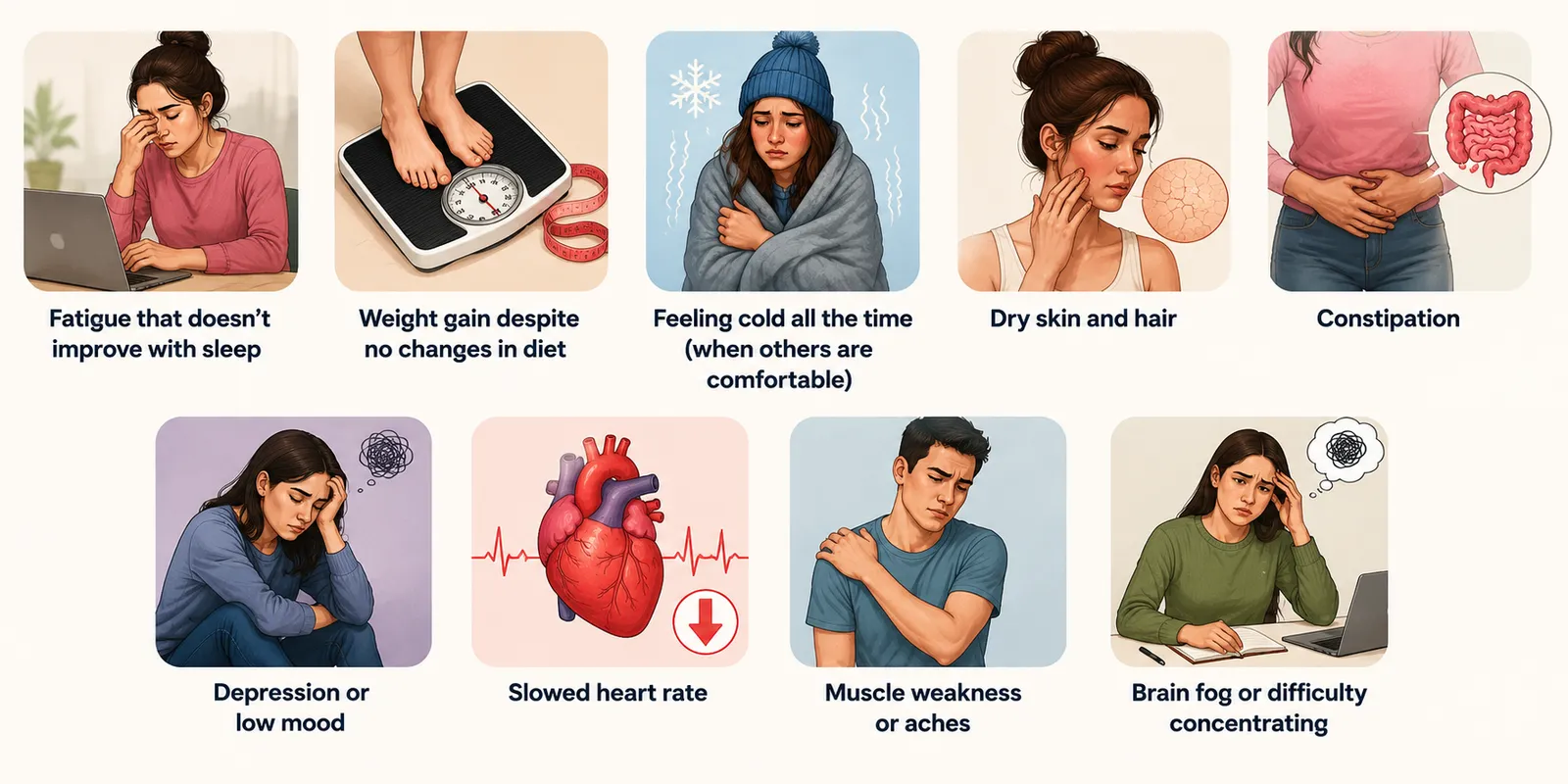 Common symptoms of Hypothyroidism (Underactive Thyroid), including fatigue, weight gain, cold sensitivity, dry skin, constipation, low mood, slowed heart rate, muscle weakness, and brain fog.