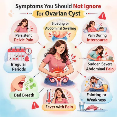 Educational medical graphic detailing ovarian cyst symptoms that require urgent medical attention.