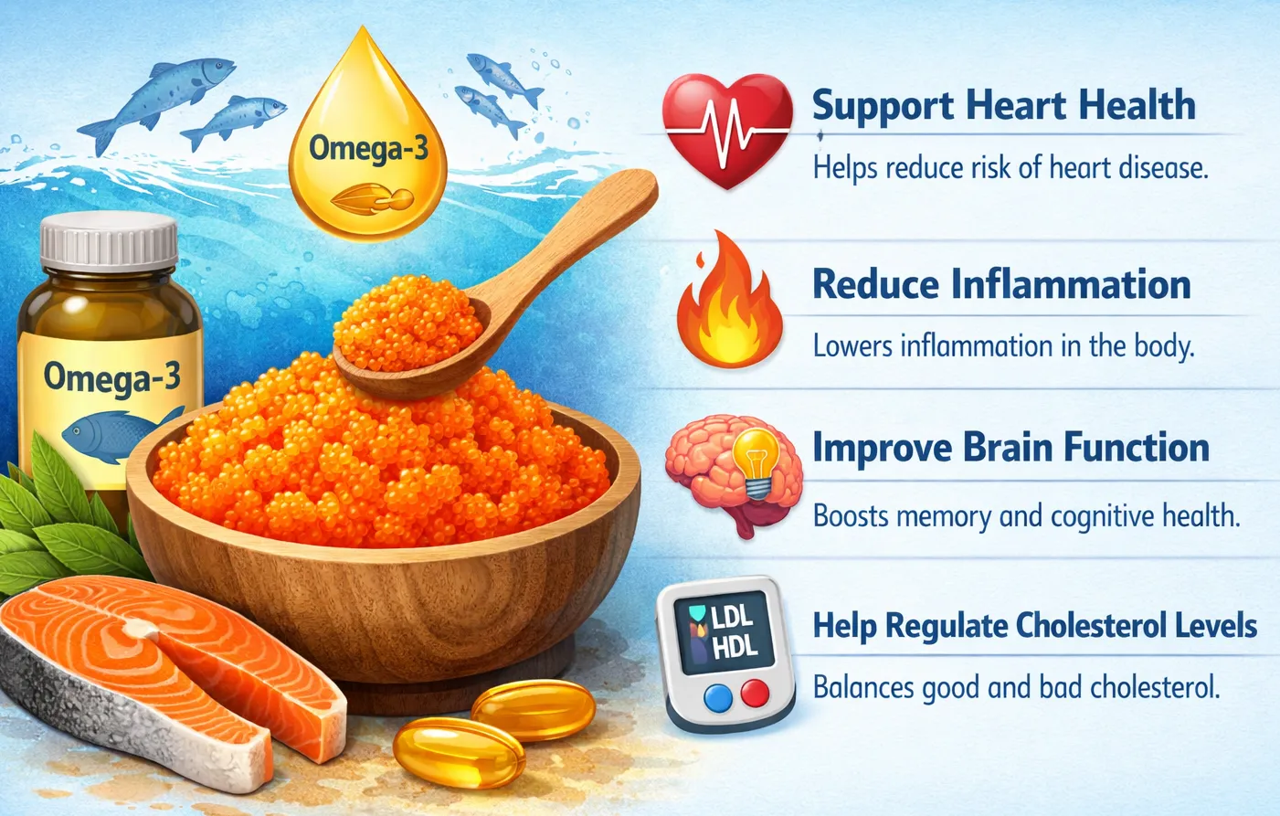 Illustration of masago (capelin roe) highlighting omega-3 benefits