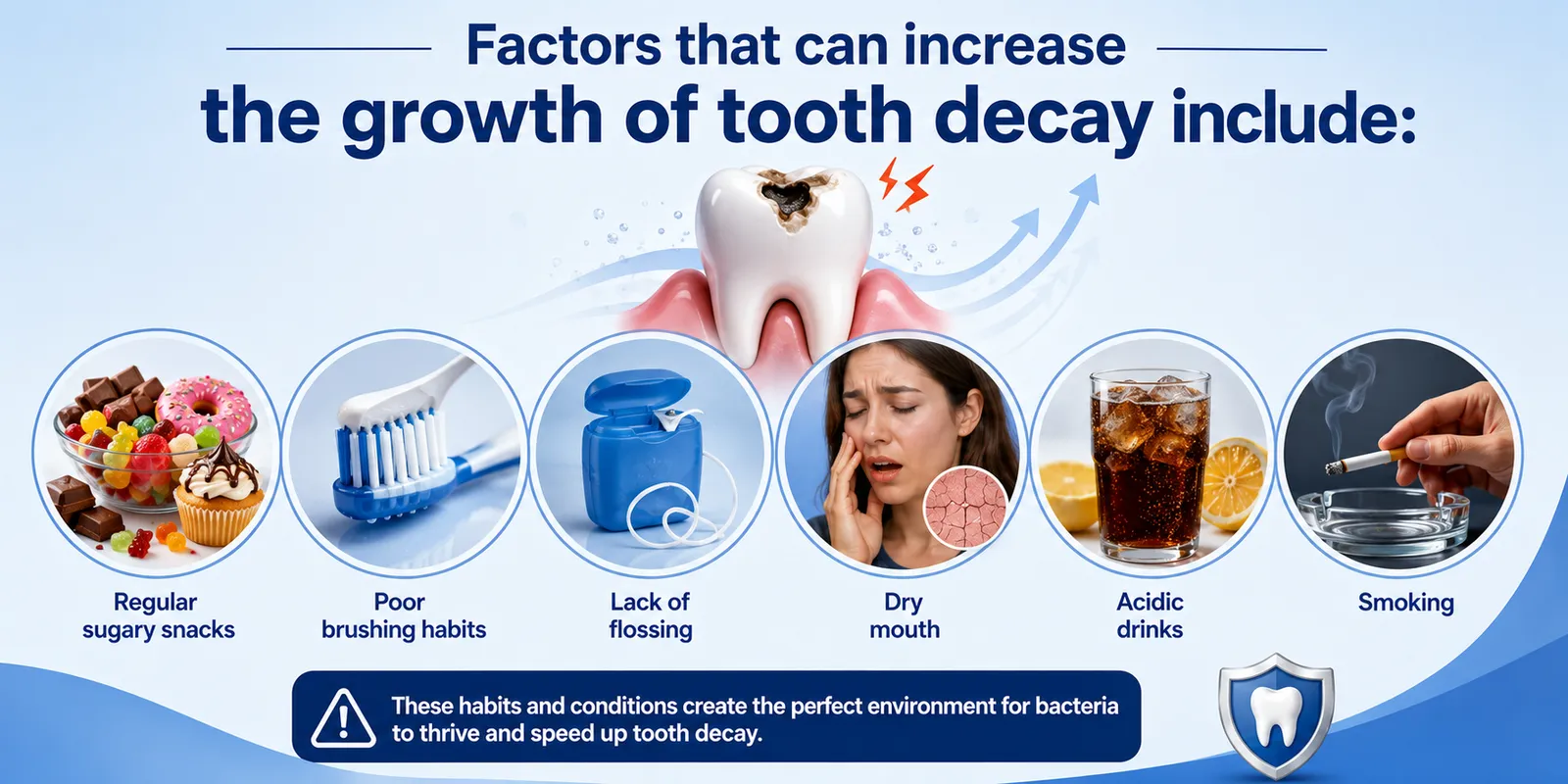 Infographic showing factors that increase tooth decay risk