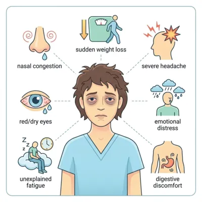 Illustration of a person with sunken eyes and dark circles surrounded by symptoms