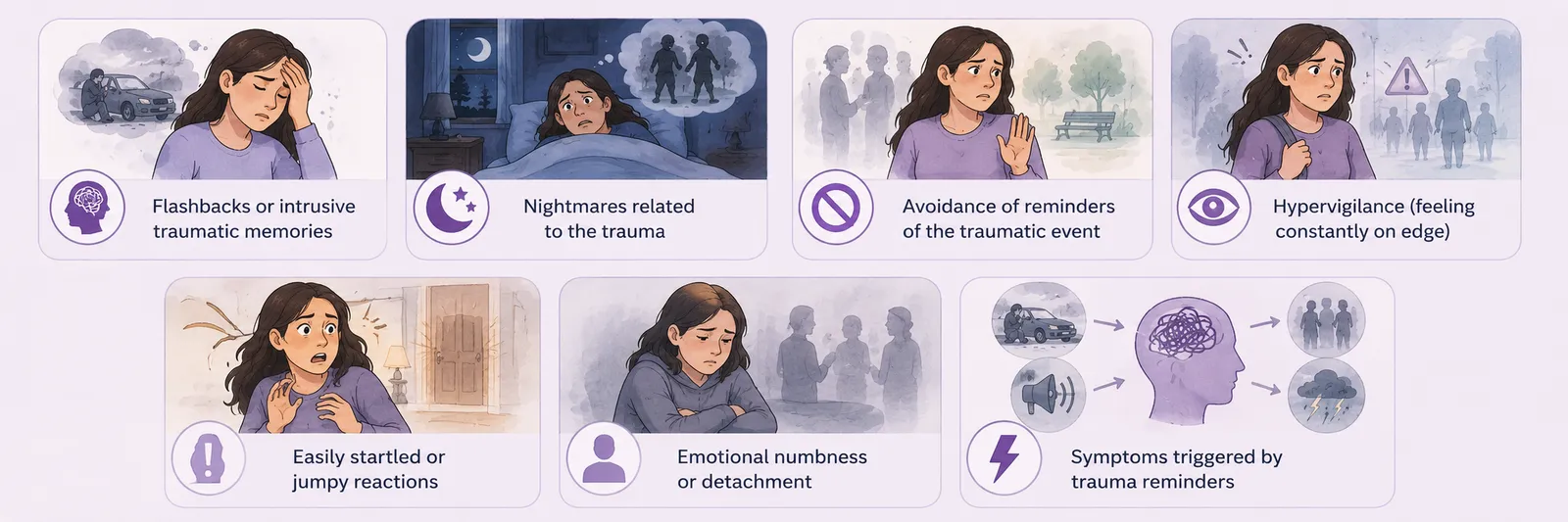 Medical illustration showing PTSD symptoms including flashbacks, intrusive traumatic memories, trauma-related nightmares, avoidance of reminders, hypervigilance, exaggerated startle response, emotional numbness, and symptoms triggered by trauma reminders.