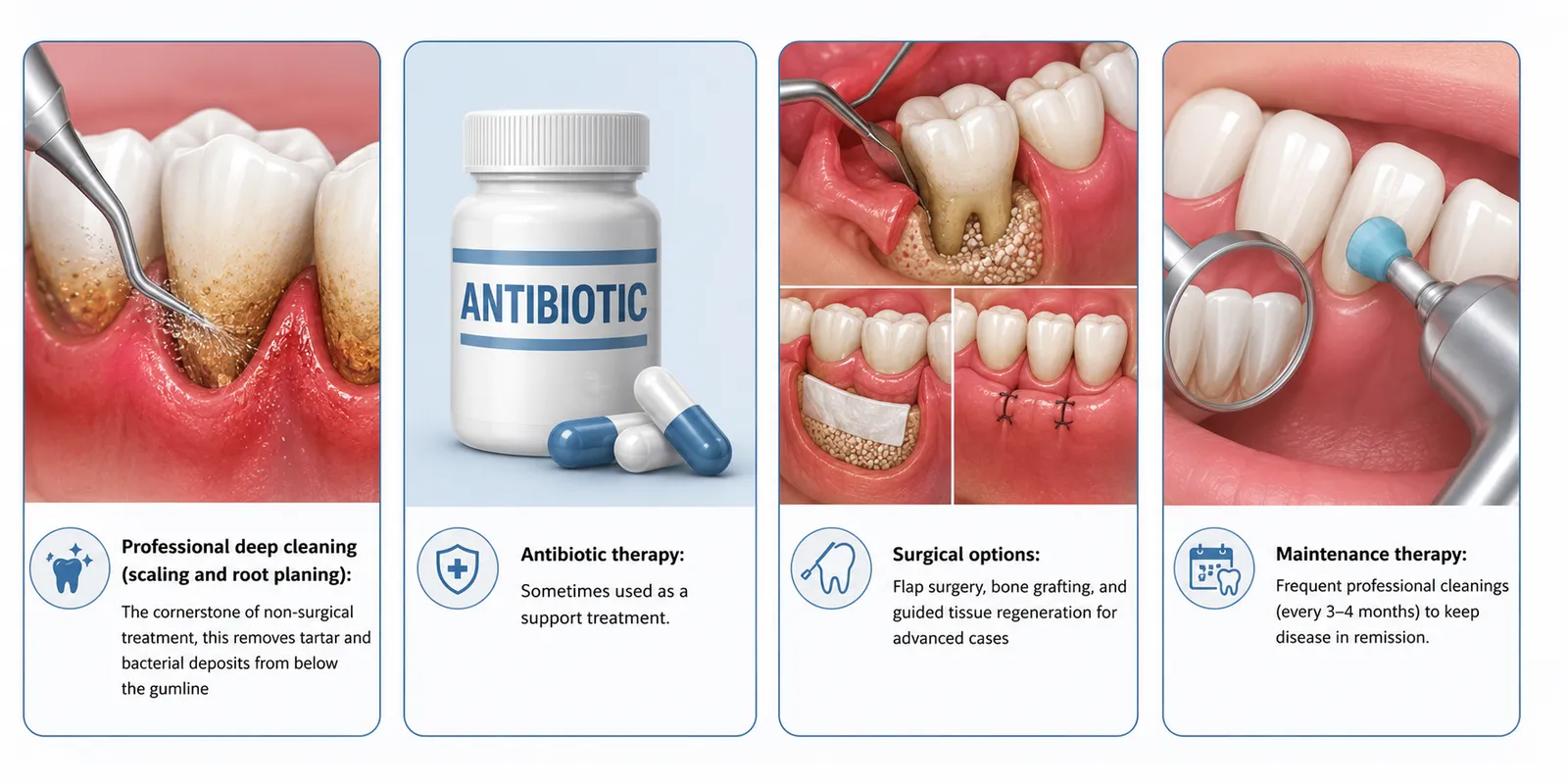 Gum Disease vs Gum Recession treatment infographic showing professional scaling and root planing, antibiotic therapy, periodontal surgery including bone grafting and tissue regeneration, and ongoing maintenance therapy to control infection and protect gum health.