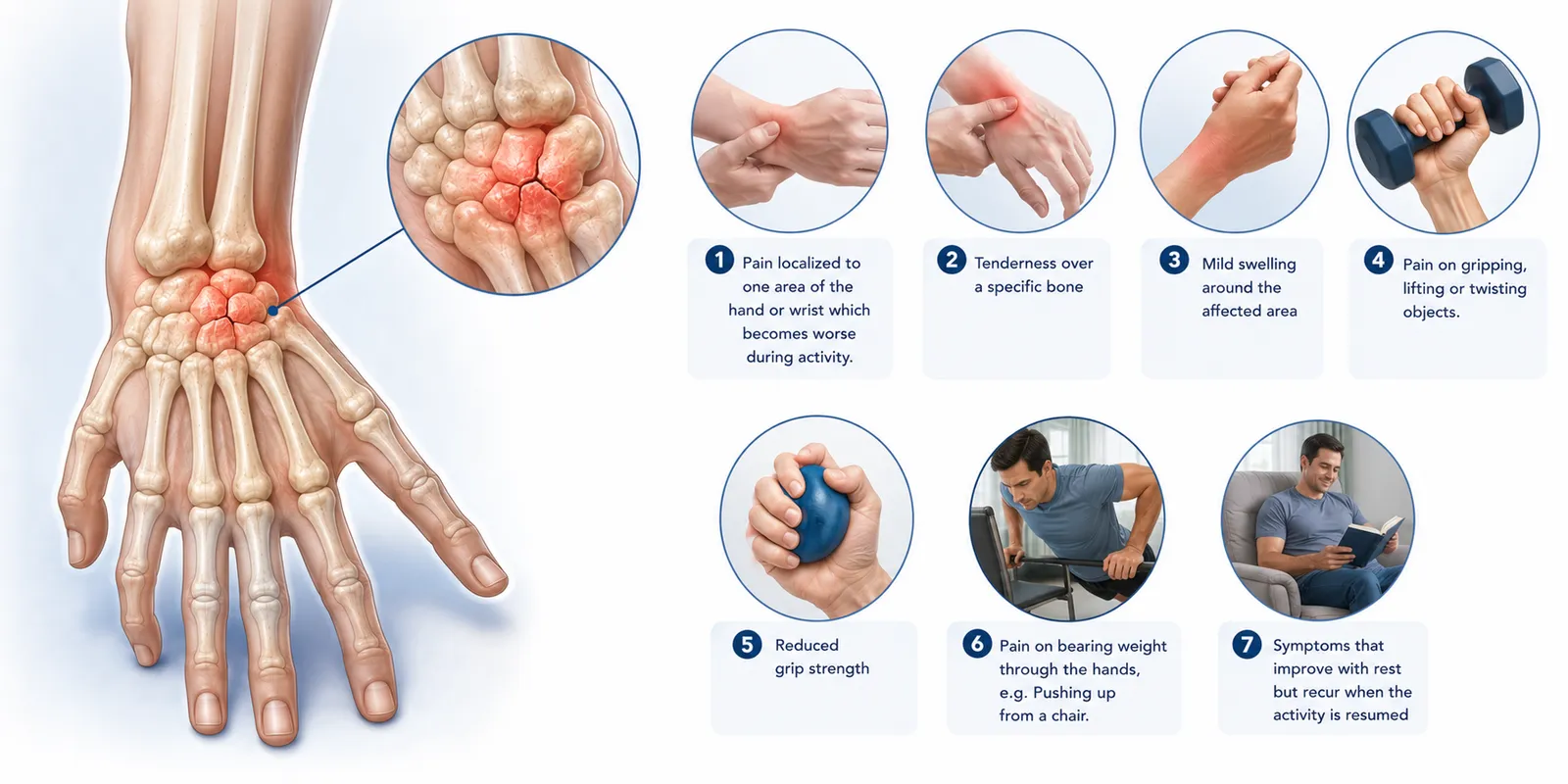 Medical infographic showing common symptoms of a hairline fracture in the wrist or hand