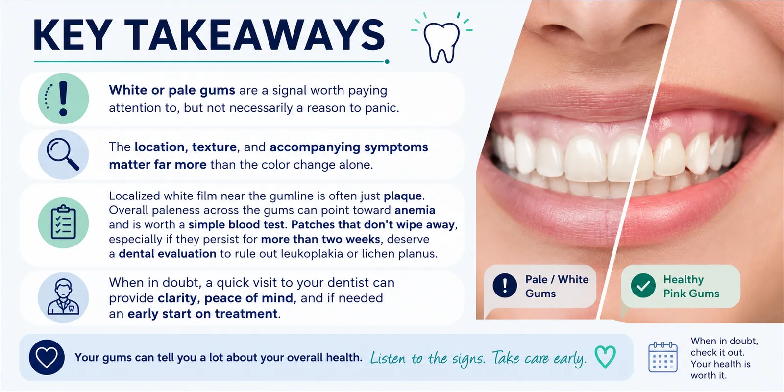 Dental health infographic titled “Key Takeaways” summarizing important information about white or pale gums.