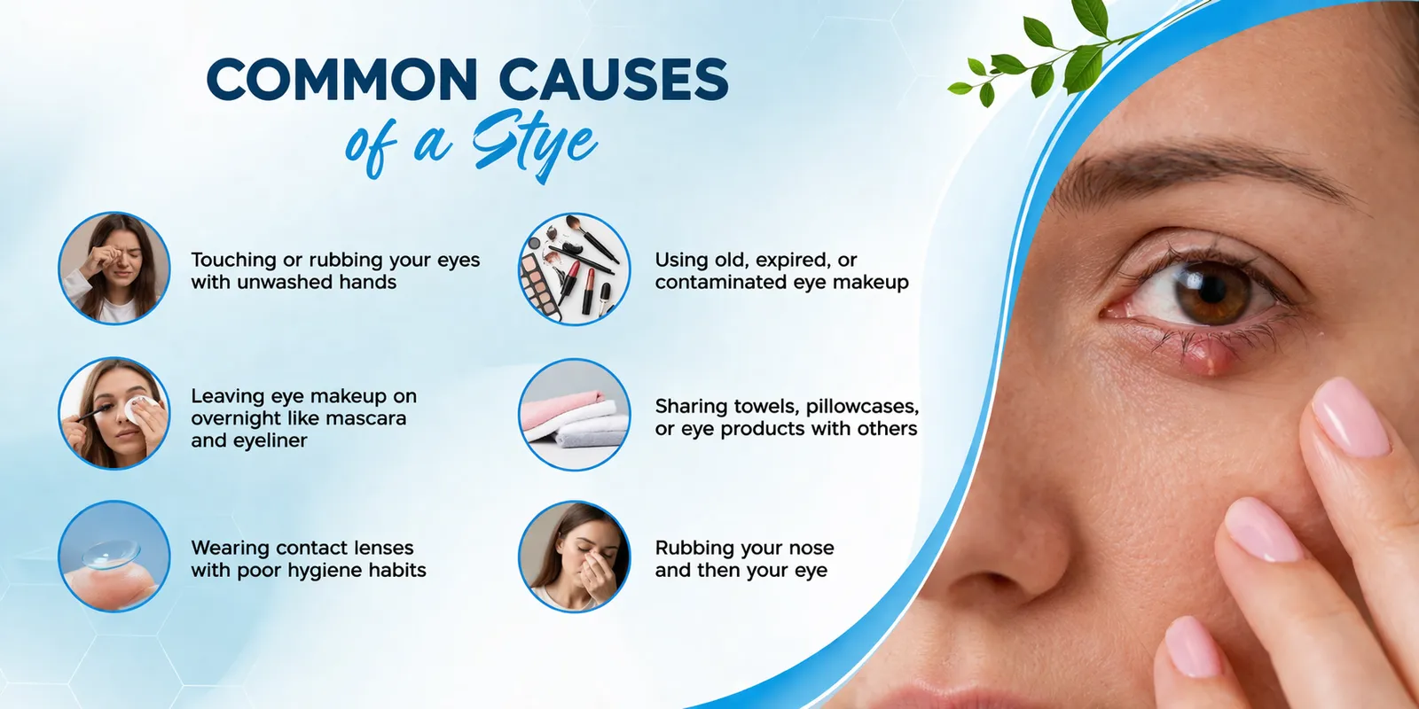 Infographic showing common causes of a stye