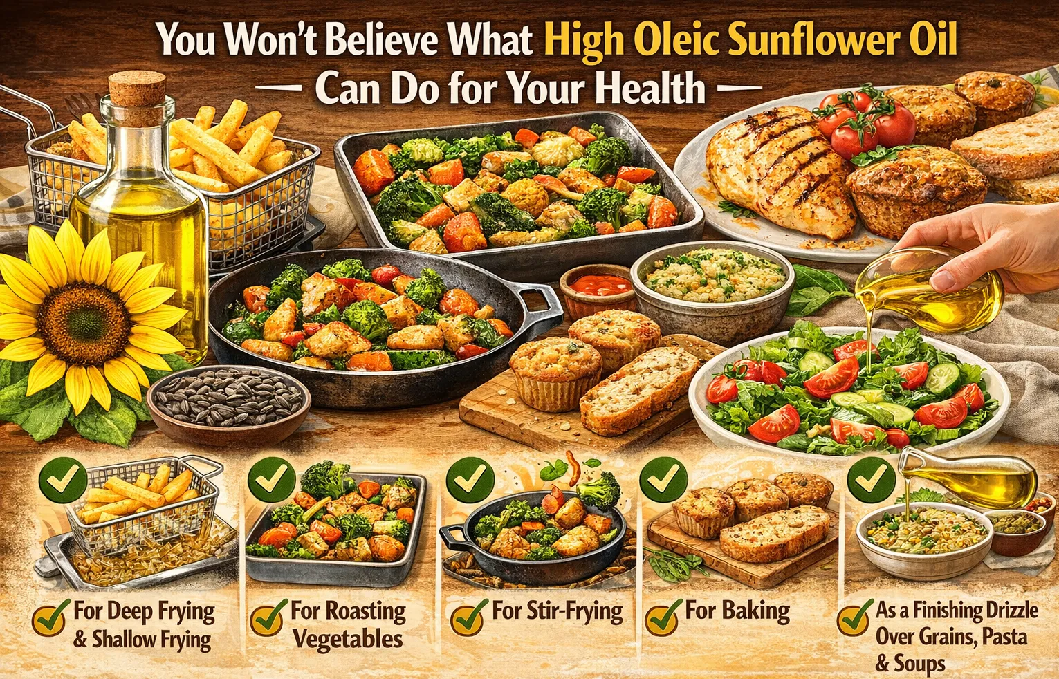 High oleic sunflower oil used in multiple cooking methods including frying, roasting vegetables, baking, stir-frying, and salad dressing.