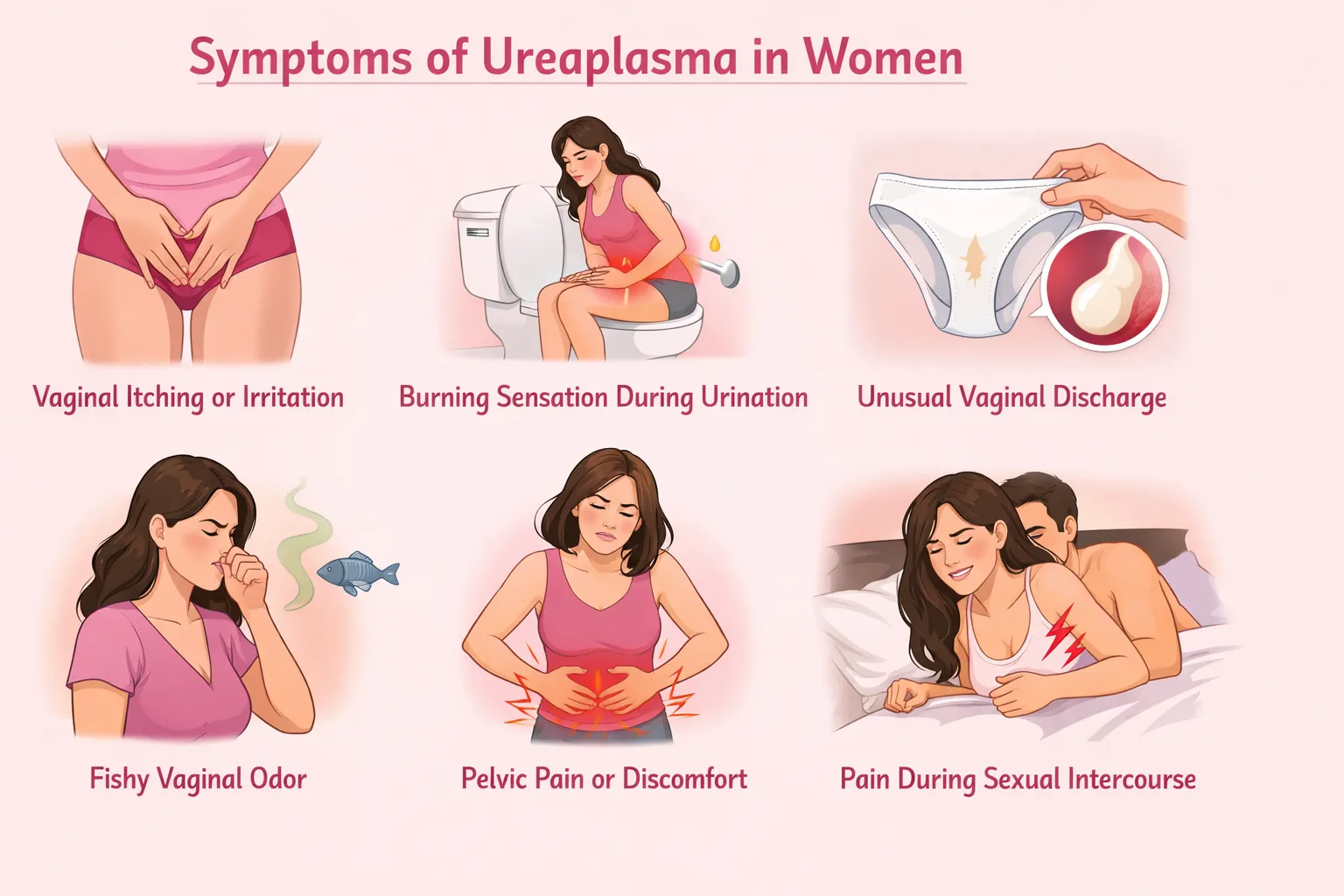 Medical infographic showing symptoms of Ureaplasma in women