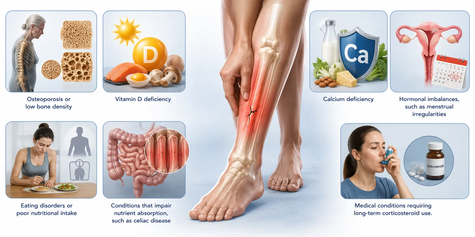 Medical infographic showing underlying health conditions associated with a hairline fracture