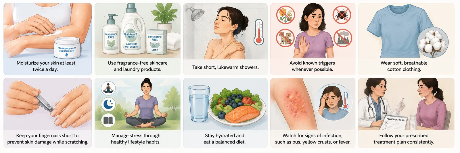 Medical illustration showing eczema prevention tips including moisturizing twice daily, using fragrance-free products, taking lukewarm showers, avoiding triggers, wearing cotton clothing, keeping fingernails short, managing stress, staying hydrated, eating a balanced diet, watching for signs of infection, and following the prescribed treatment plan.