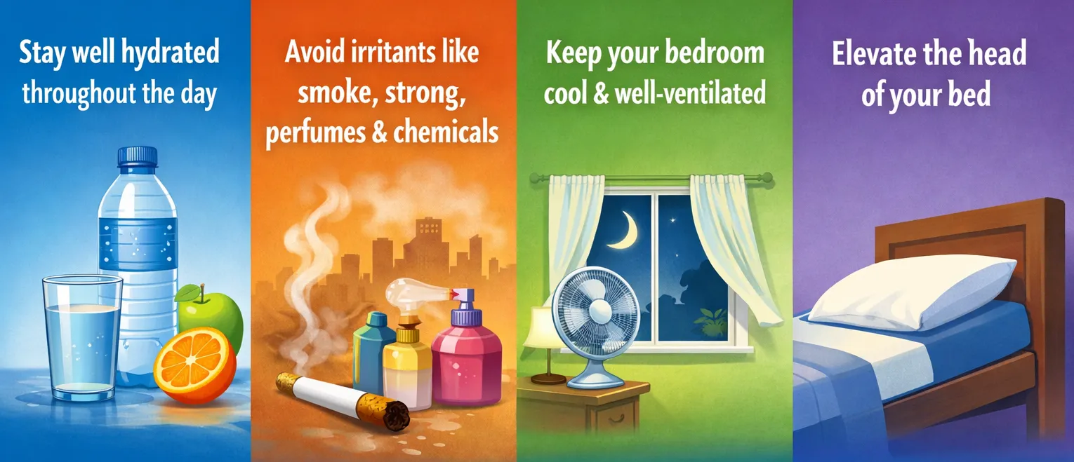 Illustrated nighttime cough prevention guide showing hydration, avoiding smoke and chemical irritants, keeping a cool ventilated bedroom, and elevating the head during sleep to reduce coughing.