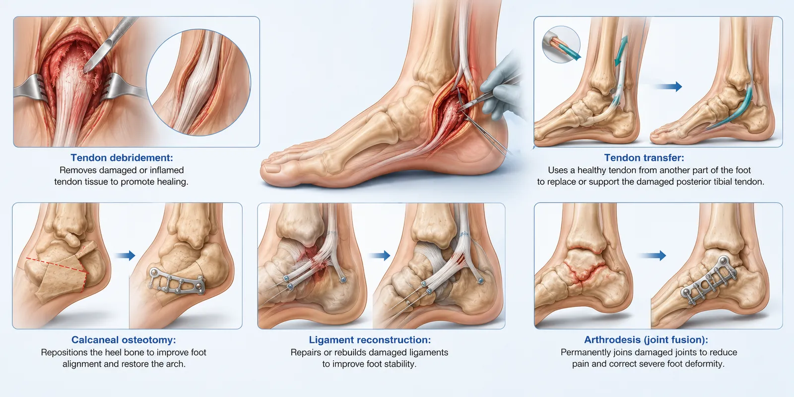 Healthcare infographic illustrating PTTD surgical procedures used to repair the posterior tibial tendon and correct foot deformity.