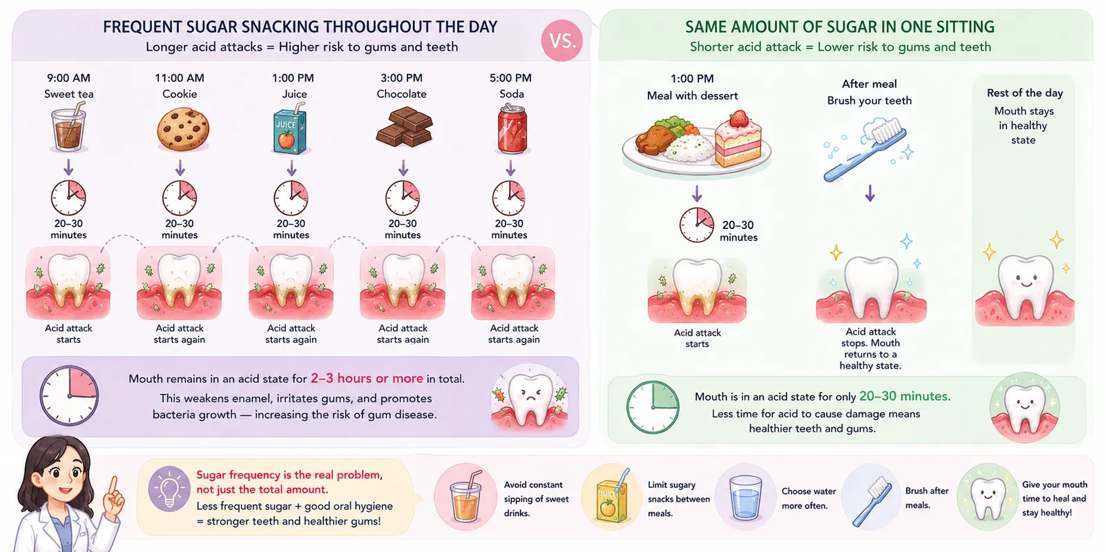 Infographic comparing frequent sugary snacks throughout the day versus consuming the same amount of sugar in one sitting, demonstrating repeated acid attacks and explaining Is Sugar the Main Cause of Gum Disease?