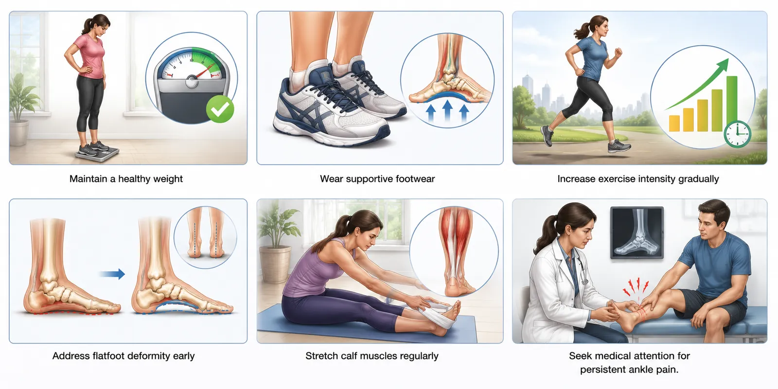 Educational medical illustration of PTTD prevention tips including calf stretches, supportive footwear, gradual exercise, and early treatment for ankle pain.