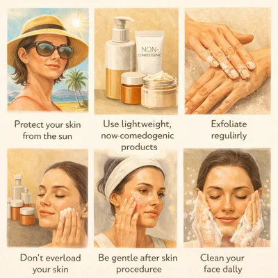 Illustration showing six skincare habits to help prevent milia