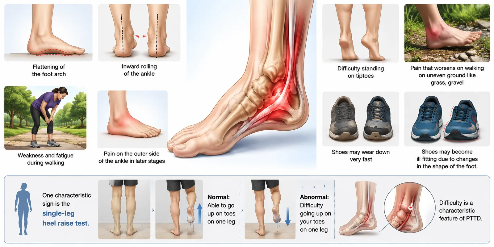 Detailed medical infographic showing PTTD symptoms, including flat feet, ankle instability, weakness, and difficulty standing on one leg.