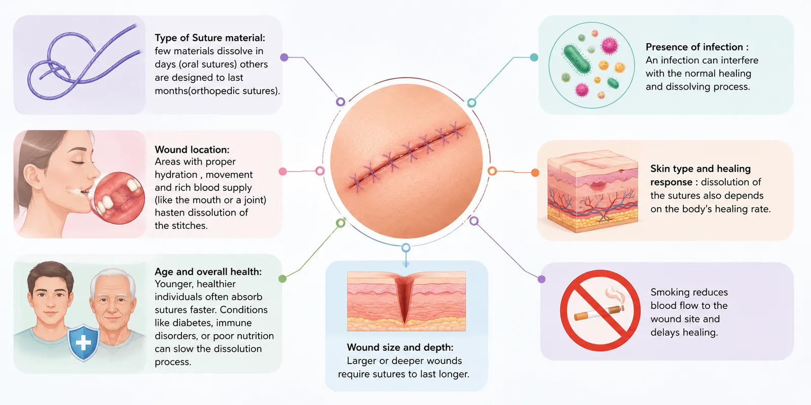 Medical illustration showing factors affecting how long until dissolvable stitches dissolve, including suture material, wound location, age and overall health, wound size and depth, infection, skin type and healing response, and the effects of smoking on wound healing.