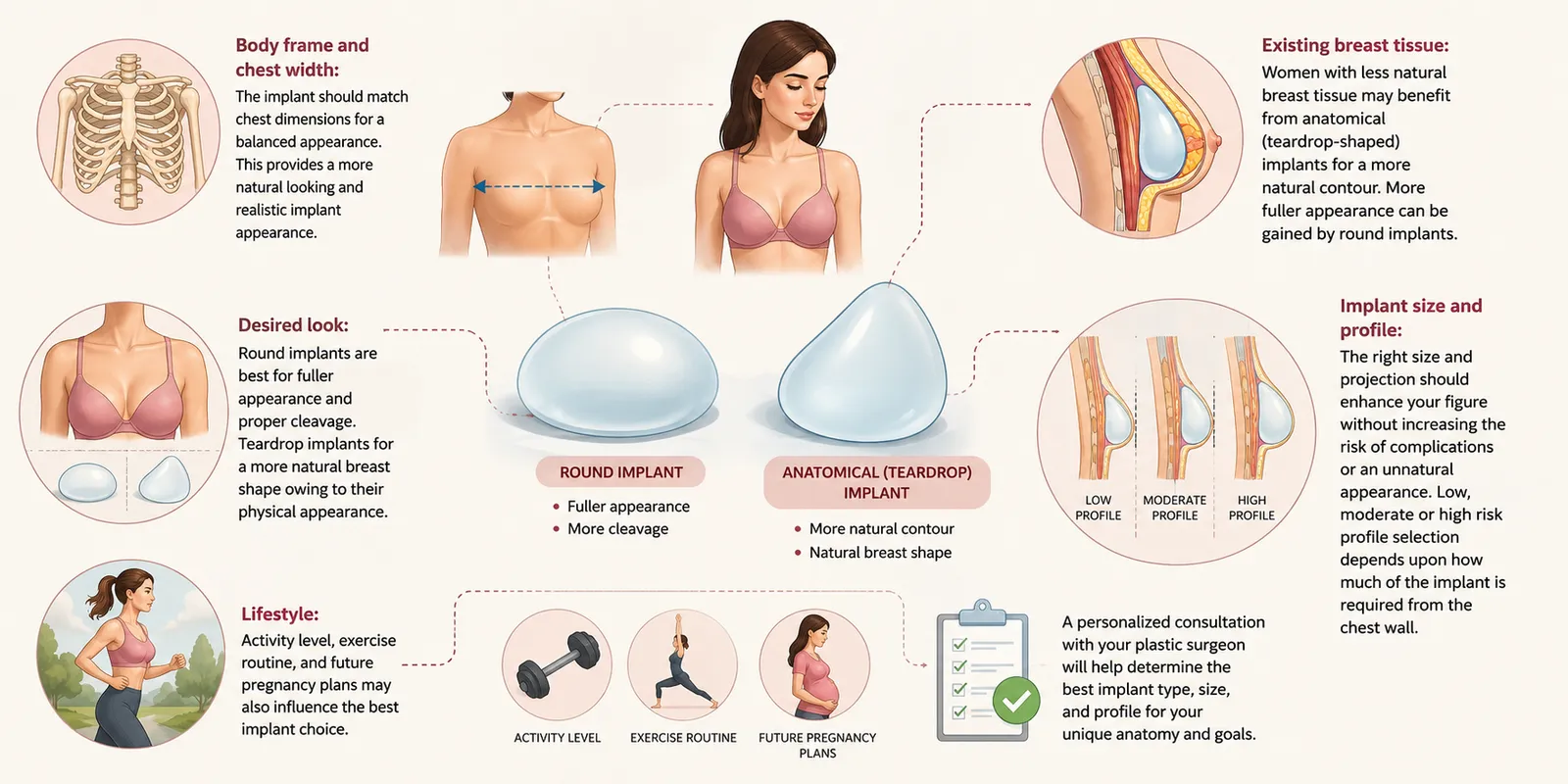Medical illustration showing how to choose the right type of gummy bear implant based on body frame, breast tissue, desired appearance, implant profile, and lifestyle factors.