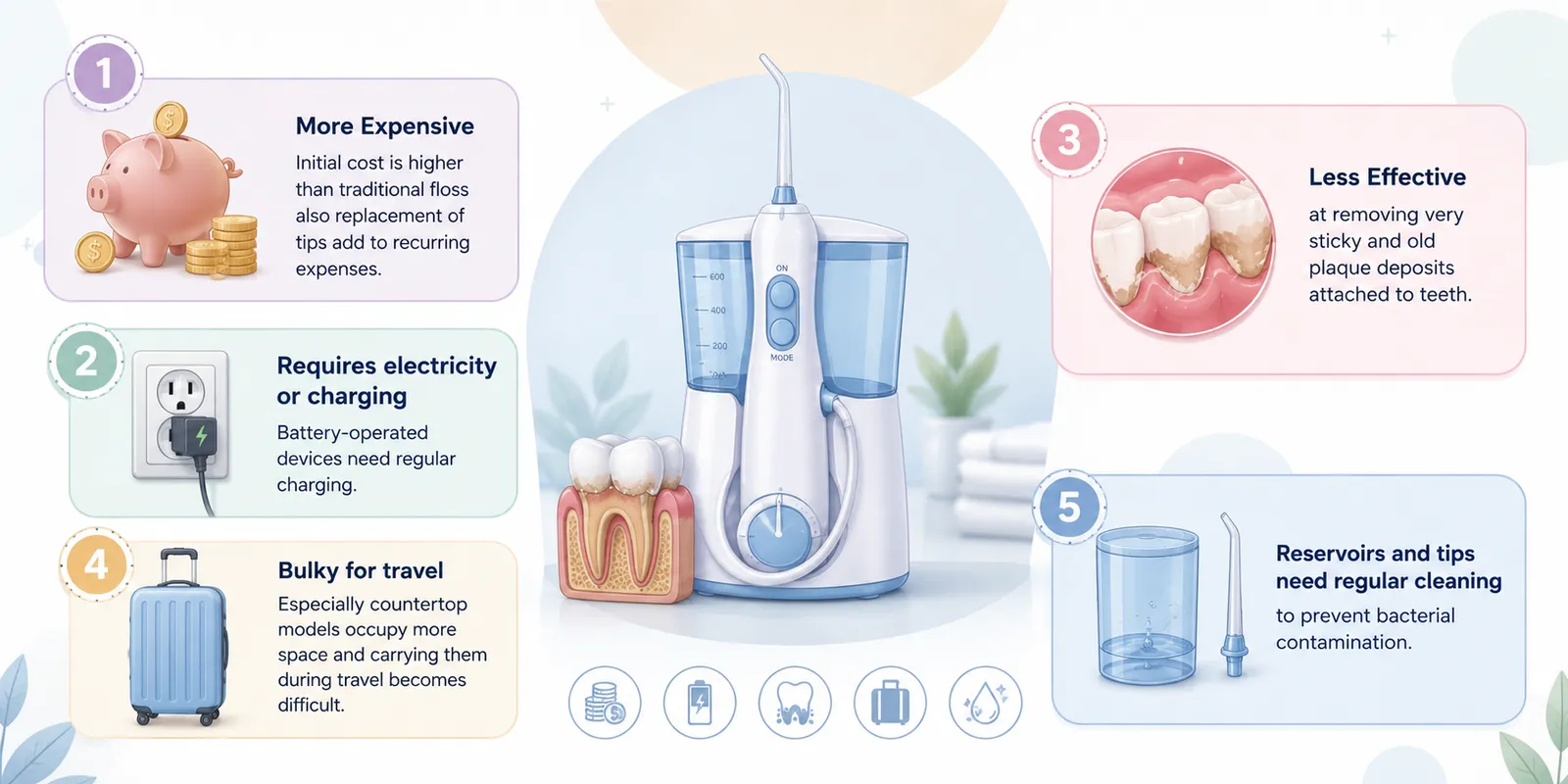 Illustration highlighting the cons of water flossers, including higher costs, charging needs, travel challenges, plaque removal limitations, and regular maintenance requirements.