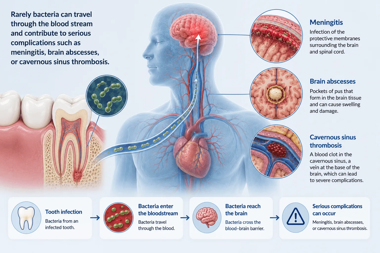 Medical infographic illustrating how a tooth infection can spread to the brain through the bloodstream, leading to meningitis, brain abscesses, or cavernous sinus thrombosis.