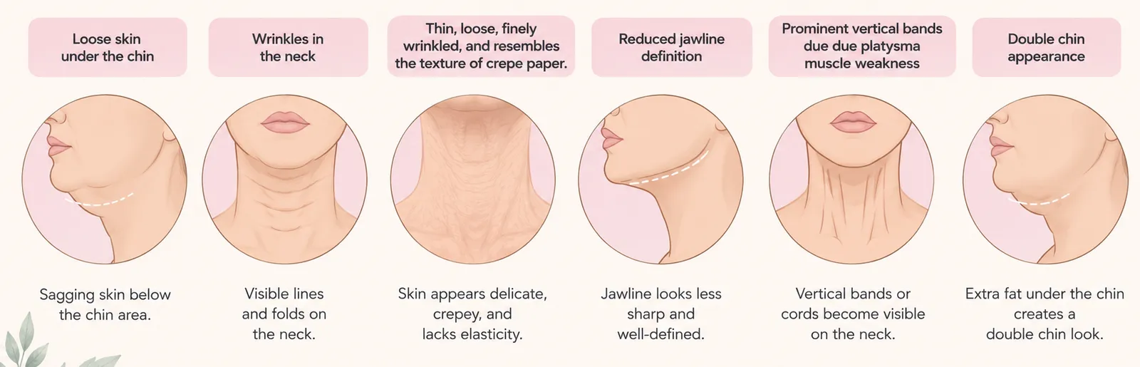 Symptoms of Turkey Neck including loose skin under the chin, neck wrinkles, crepey skin, reduced jawline definition, prominent platysma bands, and double chin appearance.