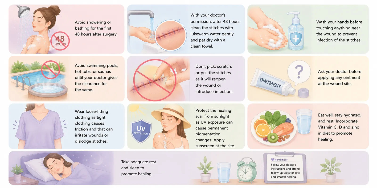 Medical illustration showing how to care for dissolvable stitches at home, including proper wound cleaning, hand hygiene, avoiding swimming, not picking stitches, wearing loose clothing, protecting the scar from sunlight, eating a nutrient-rich diet, staying hydrated, and getting adequate rest for faster healing.
