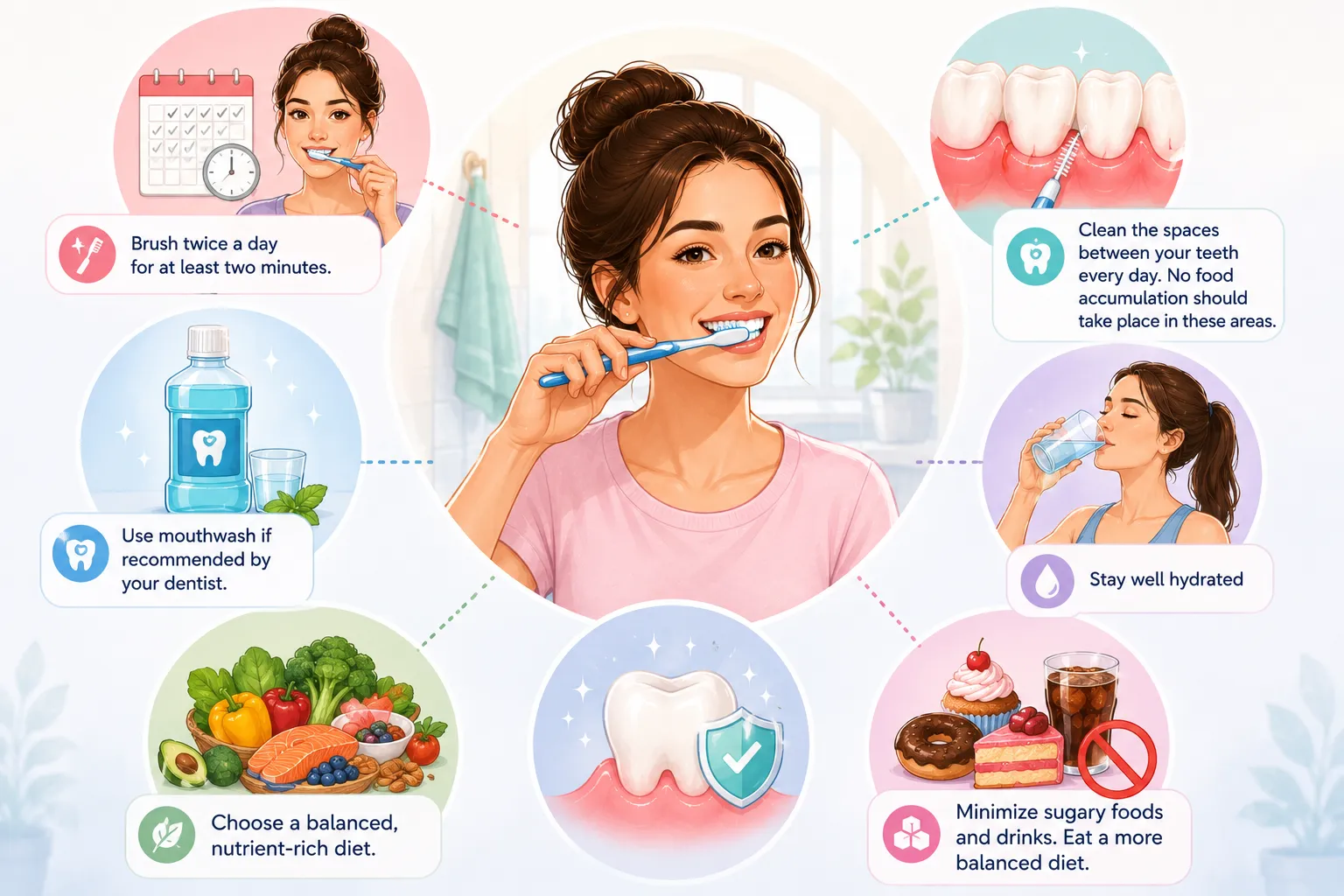 Medical illustration showing a daily gum care routine to help prevent itchy gums