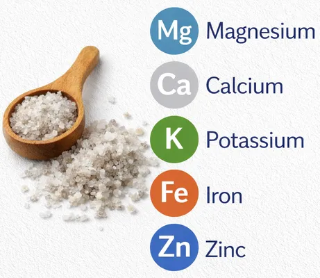 Celtic salt crystals with graphic labels showing trace minerals including magnesium, calcium, potassium, iron, and zinc.