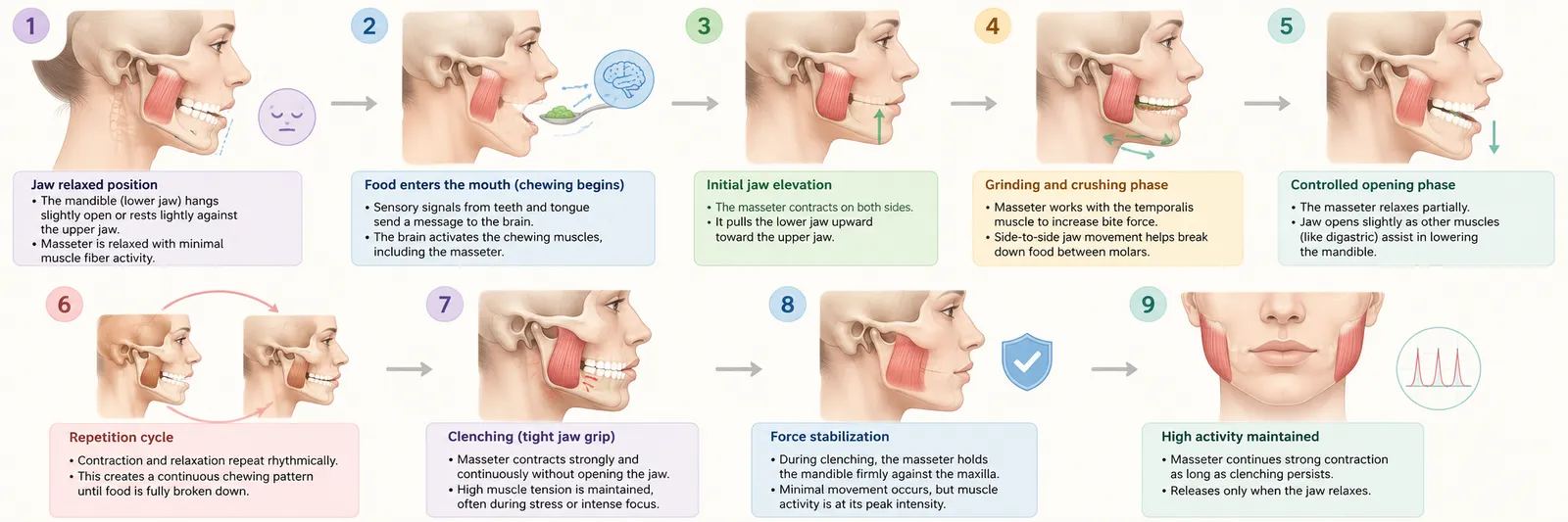 Medical illustration showing the step-by-step function of the masseter muscle during chewing and clenching, including jaw relaxation, muscle contraction, grinding, controlled opening, rhythmic chewing, and force stabilization.