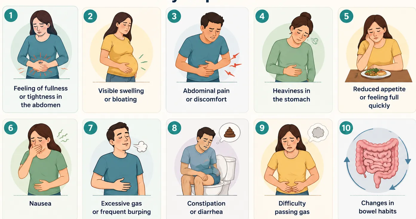 Healthcare infographic illustrating abdominal distension symptoms such as abdominal fullness, swelling, pain, nausea, gas, and bowel habit changes.
