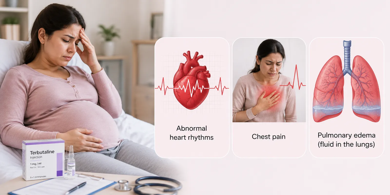 medical illustrations highlighting serious maternal side effects associated with prolonged terbutaline use