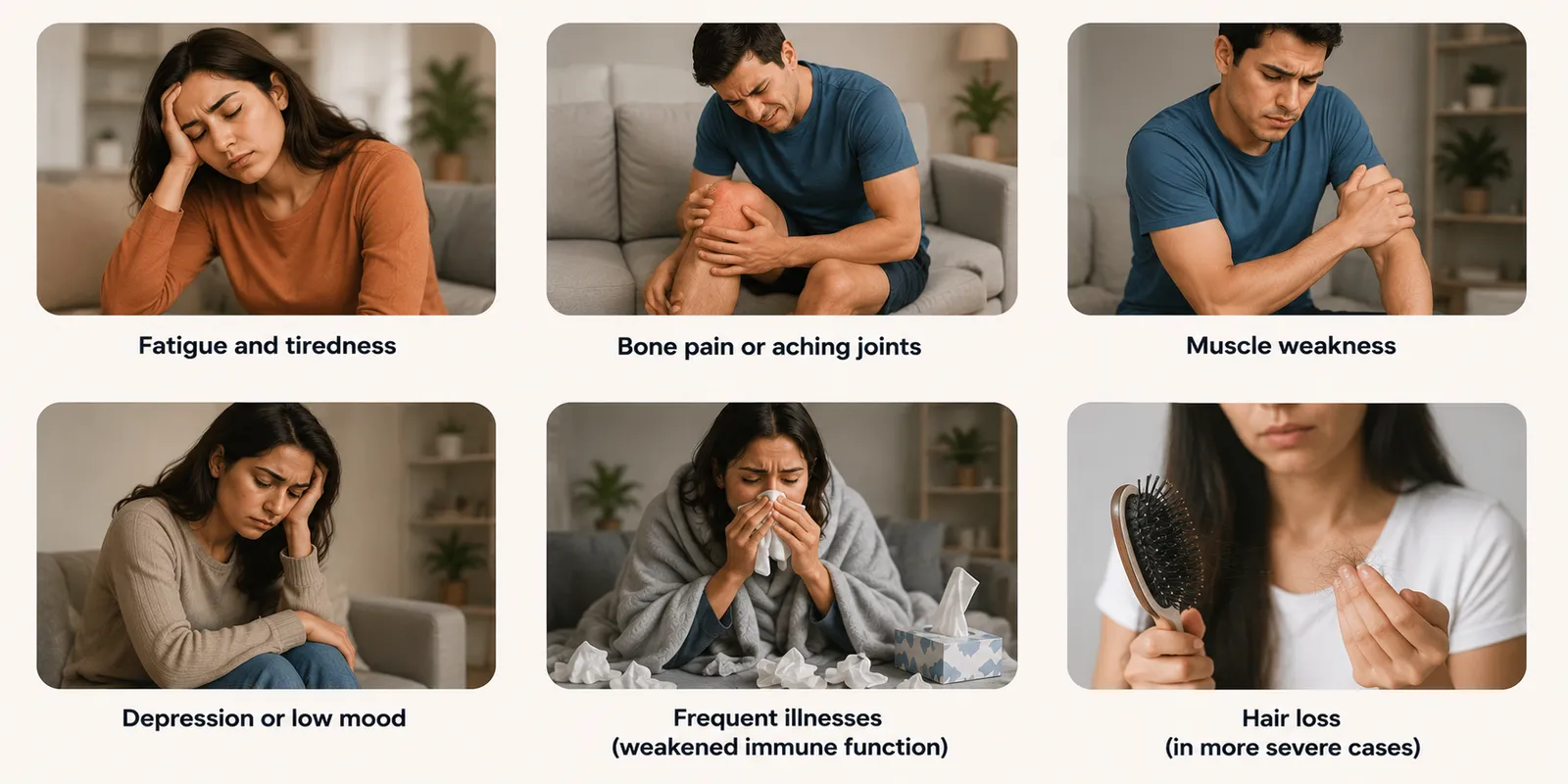 Common symptoms of Vitamin D Deficiency, including fatigue, bone pain, muscle weakness, low mood, frequent illnesses, and hair loss.