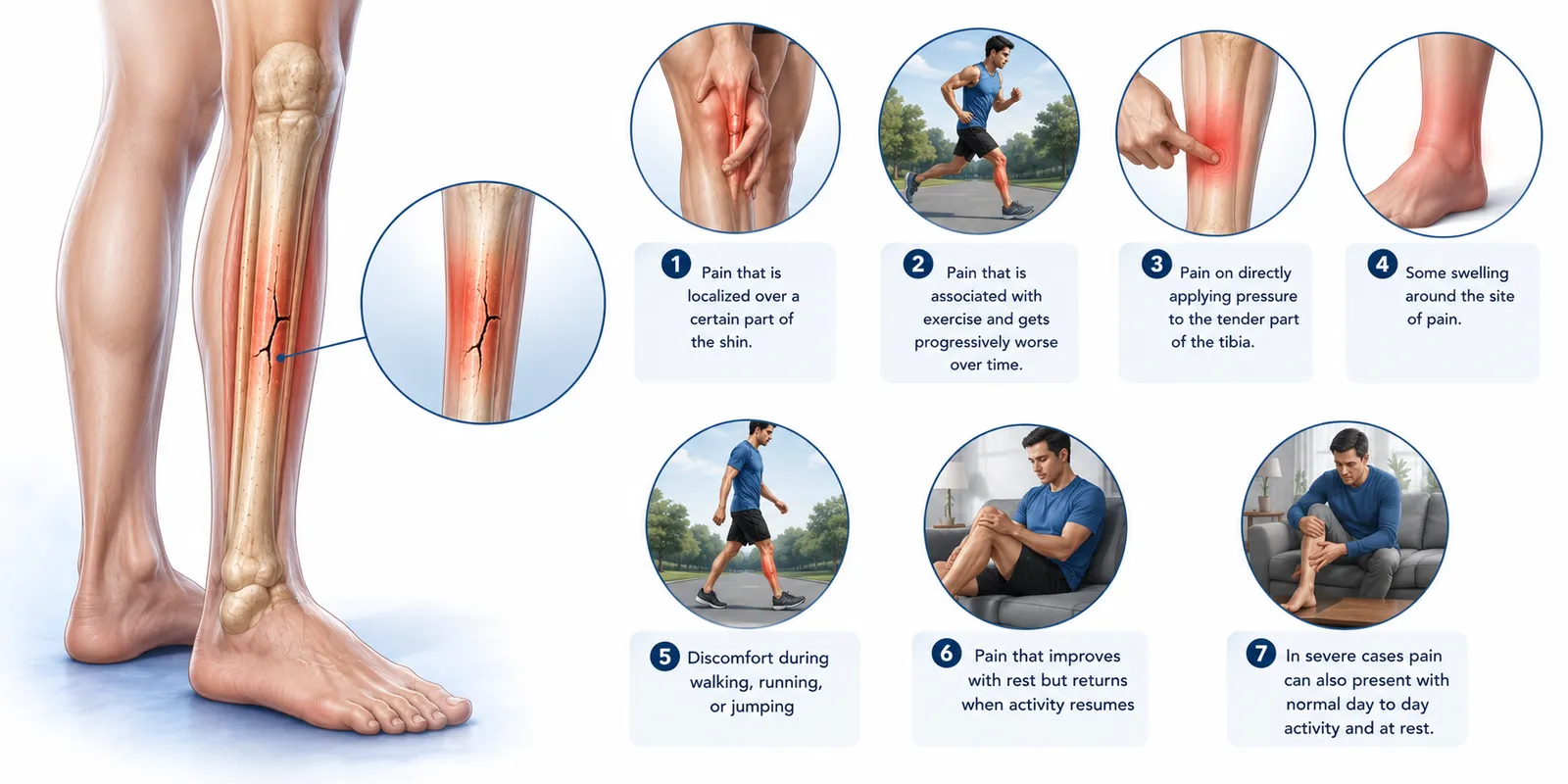Medical infographic showing common symptoms of a hairline fracture in the shin (tibia)