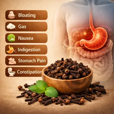 Cloves benefits for digestion showing relief from bloating, gas, nausea, indigestion, stomach pain, and constipation.