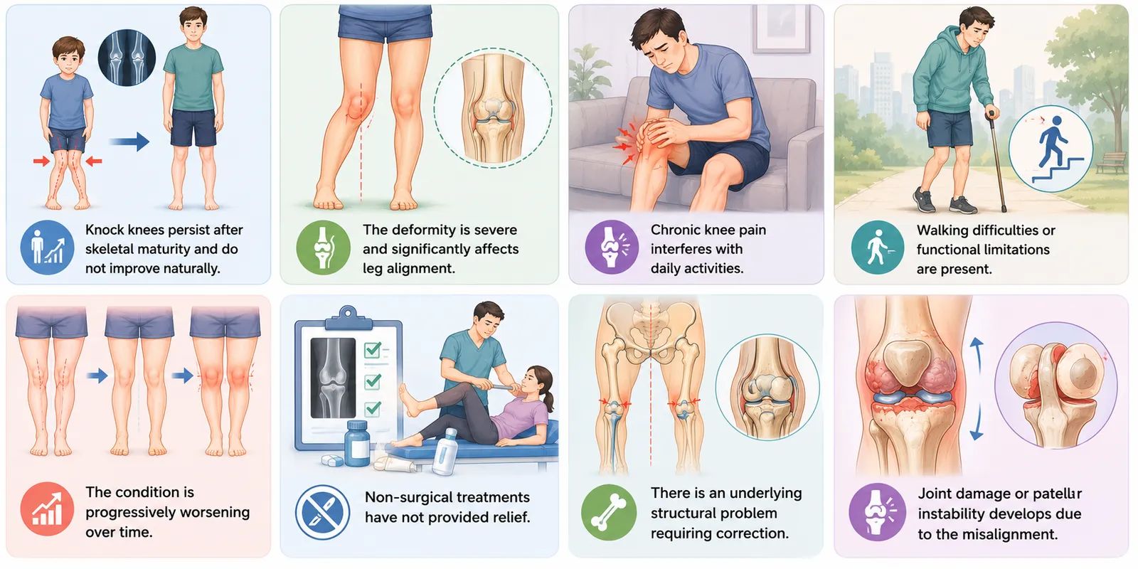 Illustration showing the indications for surgery in Knock Knees (genu valgum)