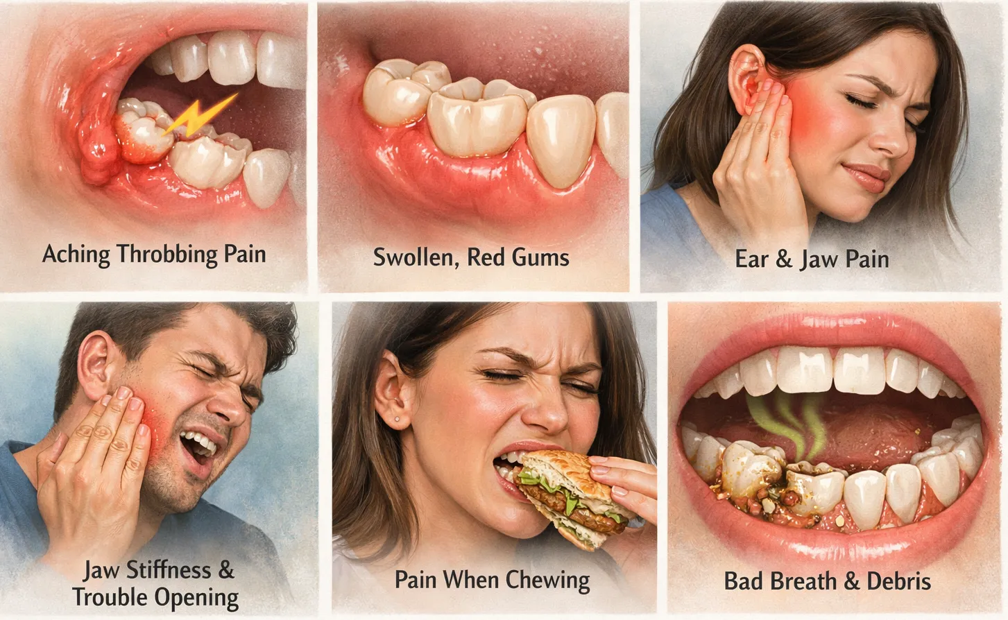 Wisdom Tooth Pain symptoms include aching at the back of the mouth, swollen gums, jaw stiffness, pain while chewing, ear discomfort, and bad breath due to infection or trapped debris.