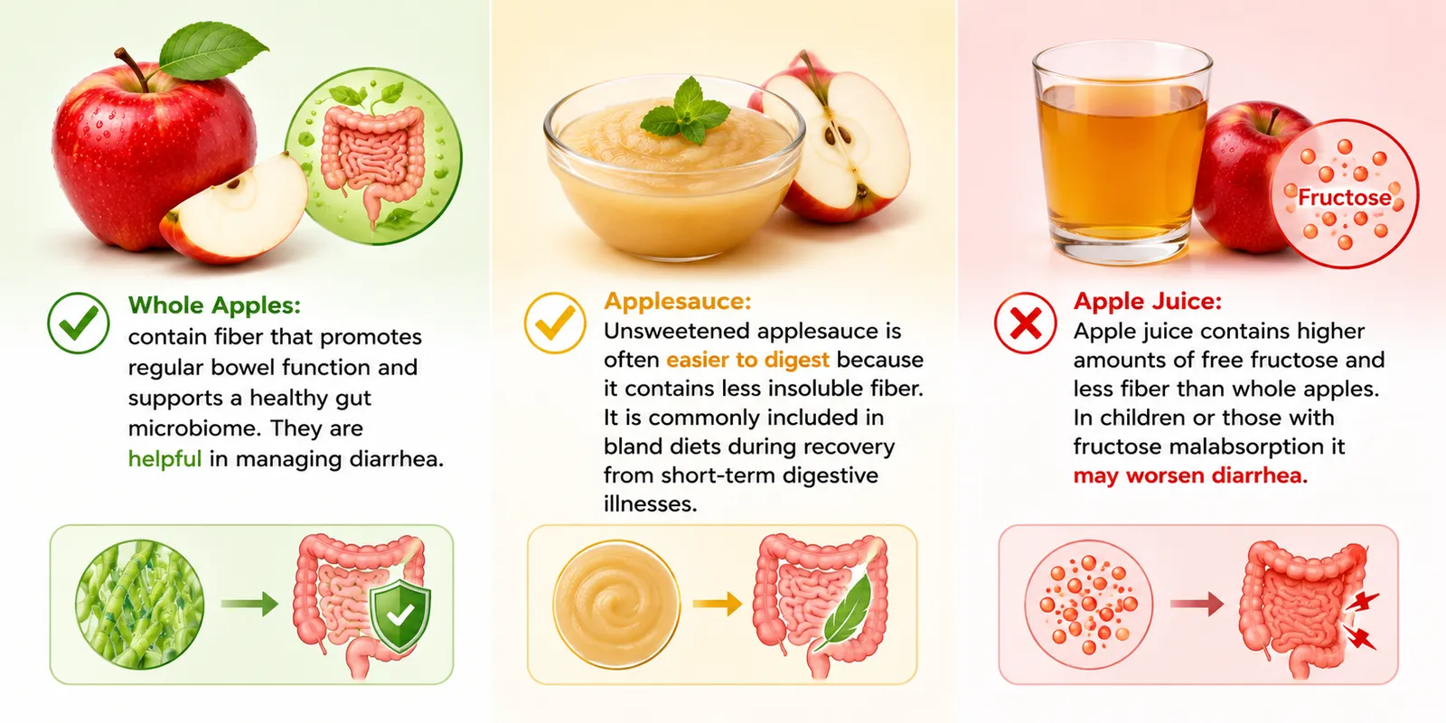 Medical-style infographic comparing whole apples, applesauce, and apple juice for diarrhea, showing how whole apples and unsweetened applesauce may support digestion, while apple juice may worsen diarrhea due to its higher fructose content and lower fiber.