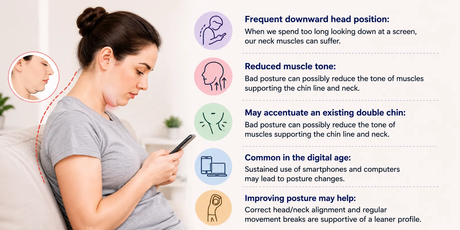 Poor Posture and Double Chin: Infographic showing how poor posture and frequent downward head position can contribute to a double chin by reducing muscle tone, affecting neck alignment, and emphasizing chin fullness.