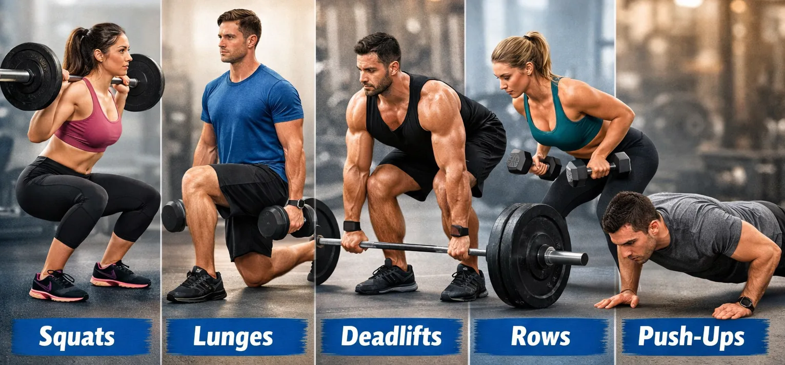 People performing strength training exercises including squats, lunges, deadlifts, rows, and push-ups to improve muscle strength and support fat loss in the lower abdominal area.