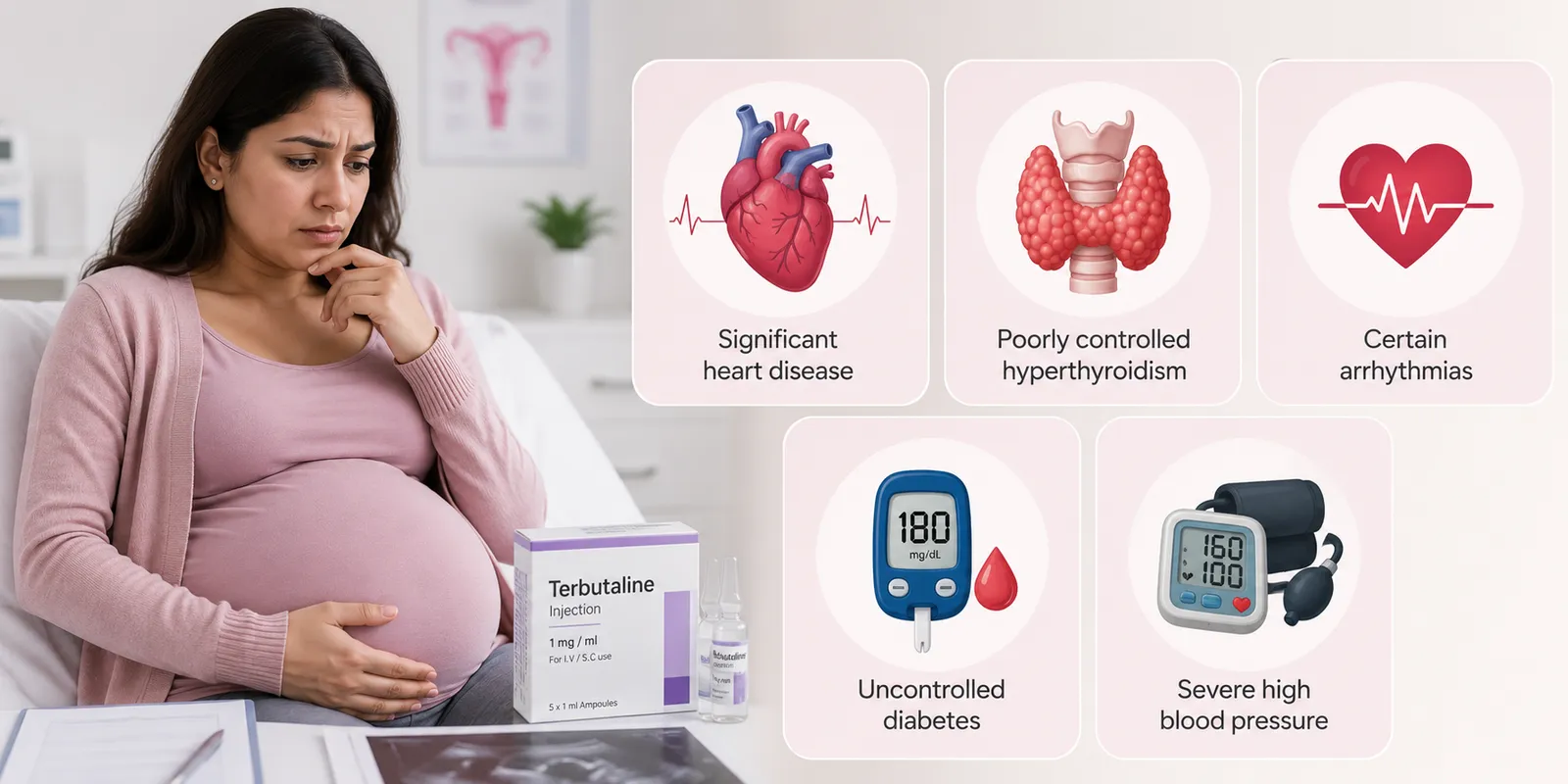 medical illustrations showing conditions where terbutaline should not be used, including significant heart disease, poorly controlled hyperthyroidism, certain arrhythmias, uncontrolled diabetes, and severe high blood pressure.