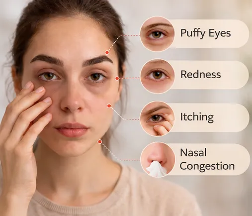 Woman touching her eye with visual labels showing allergy symptoms including puffy eyes, redness, itching, and nasal congestion.