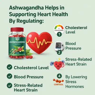 Infographic showing a bottle of ashwagandha supplements beside a heart illustration, explaining how ashwagandha supports heart health