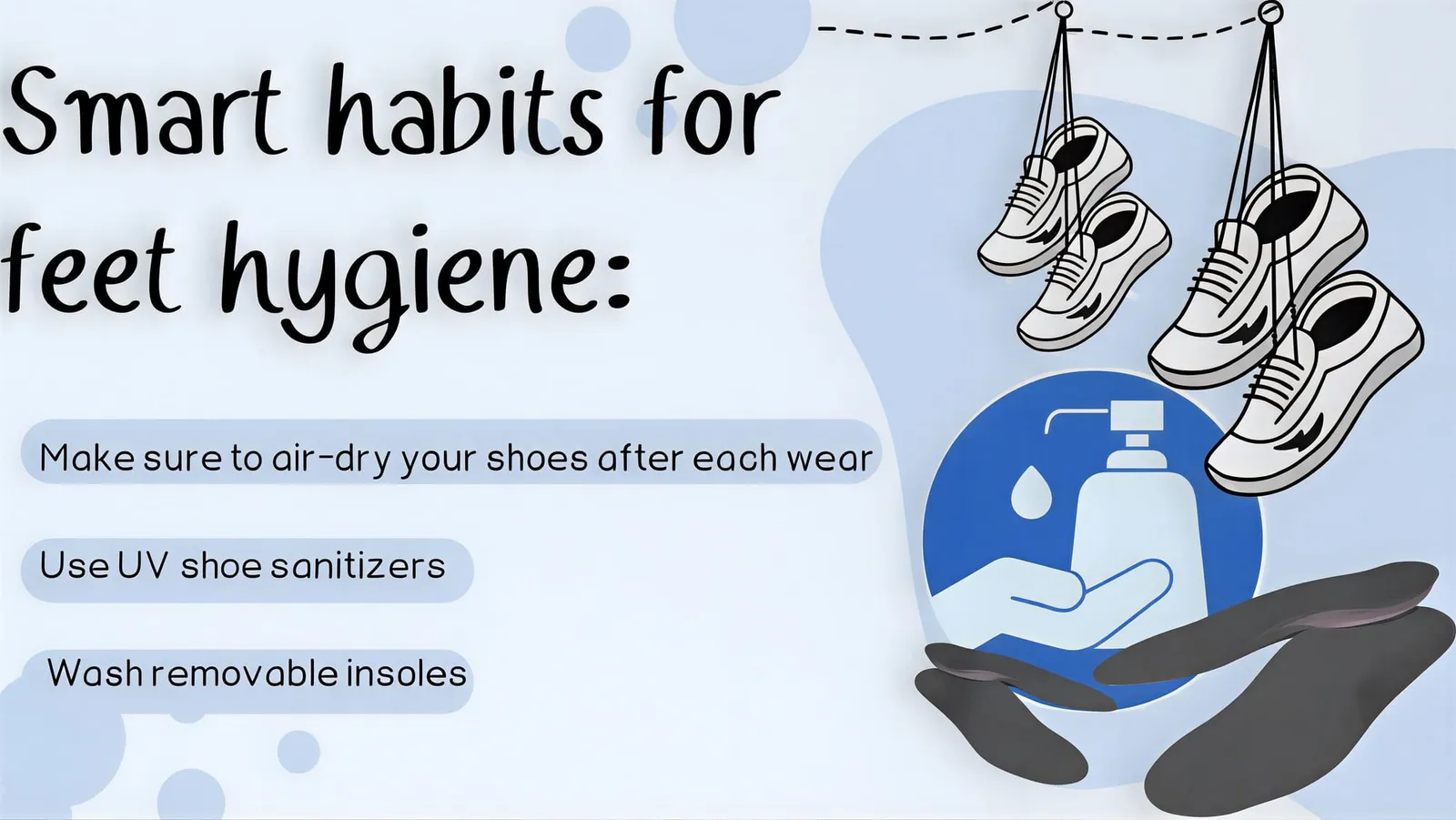 Illustration featuring hanging shoes and hygiene icons with tips for preventing foot odor through proper shoe drying and insole cleaning.